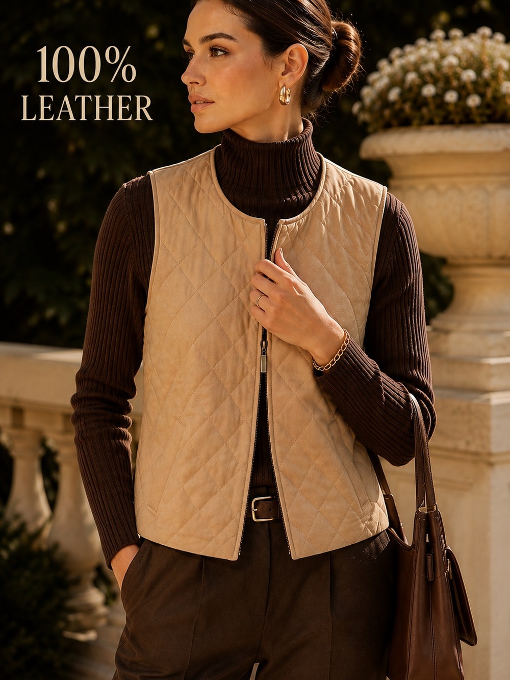 Pamela McCoy Genuine Leather Quilted Vest Size L Tan Beige Zip Front